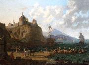 Adriaen Coorte A  mediterranean harbour scene with numerous figures on a que beneath a fort oil